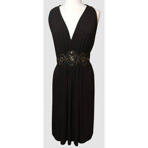 MixIt Sleeveless Deep V Neck Gathered Waist Embellished Brown Soft Knit Dress 16